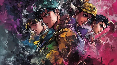 Dynamic anime ensemble in expressive splatter composition.