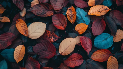 High-saturation autumn leaves with teal-orange color contrast