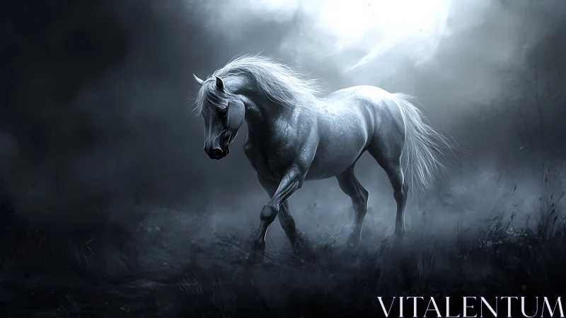 Moonlit phantom stallion walks through whispering silver fog.