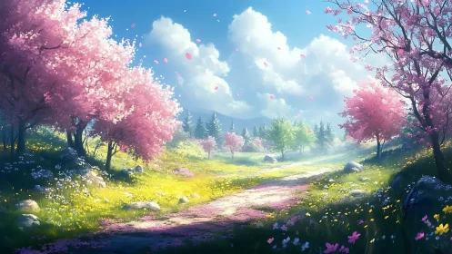 Sunlit spring pathway beneath soft pink blossom trees.