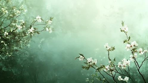 White blossoms on branches against soft green mist.