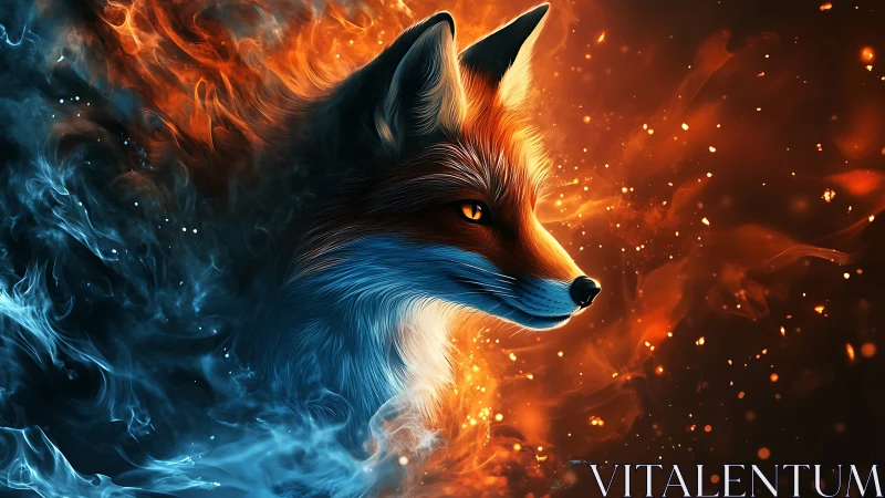 Digital fox portrait with dual fire and ice energy field.