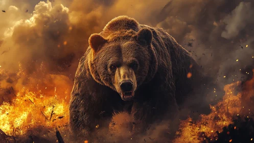 Warrior bear charges through blazing inferno smoke field.