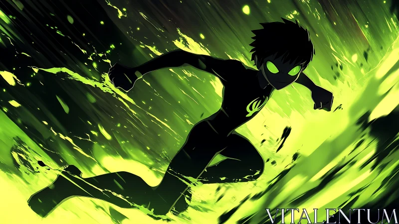 Silhouetted figure running through green energy streaks.