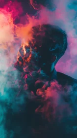 Portrait in neon bicolor smoke with dramatic rim lighting