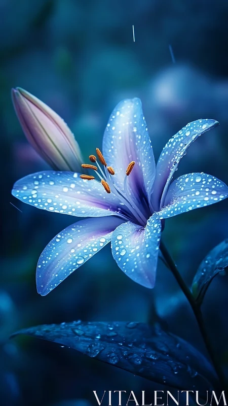 Luminescent Petals Adorned with Dewdrops in Electric Blue Twilight.