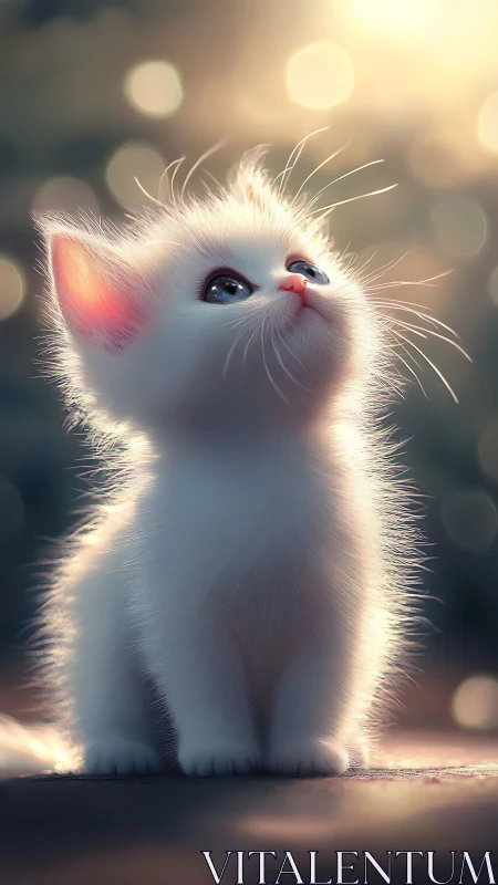 Luminous White Kitten Gazing Upward in Warm Bokeh Light.