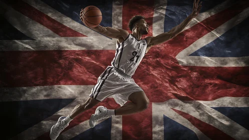 Dynamic basketball player soars before bold Union Jack backdrop