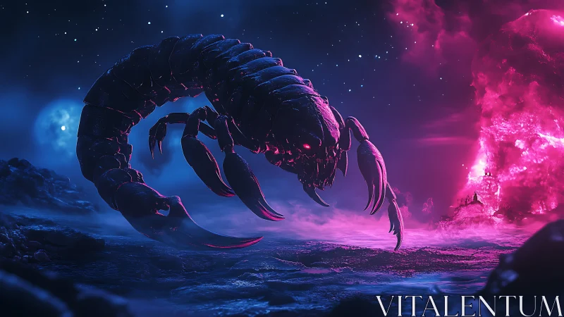 Alien scorpion prowls neon wasteland beneath electric stars