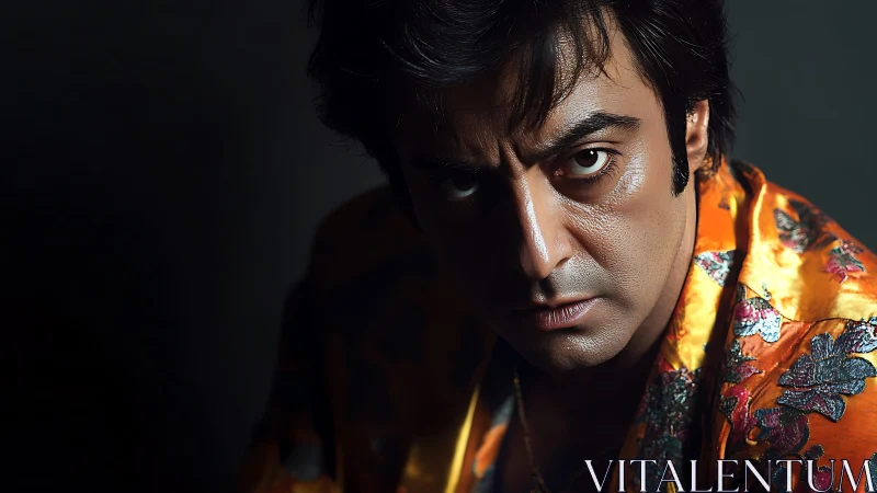 Male portrait in low-key lighting with patterned garment.