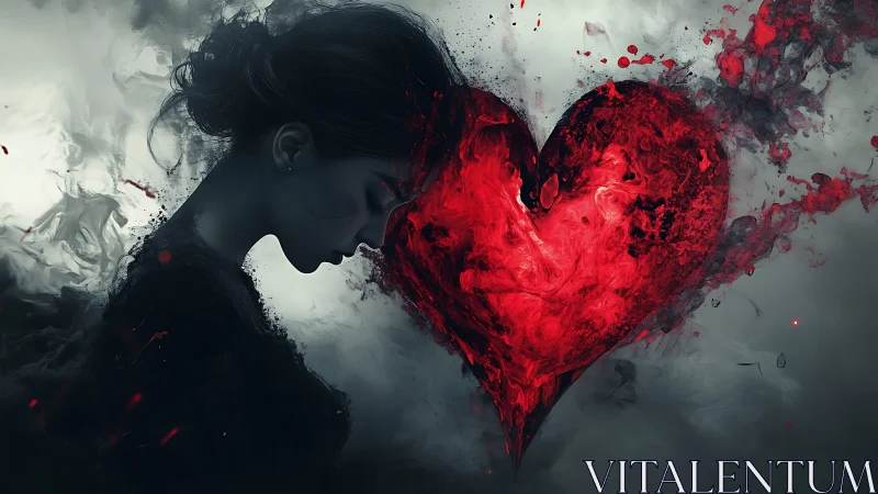 Silhouette Embracing Luminous Red Heart.