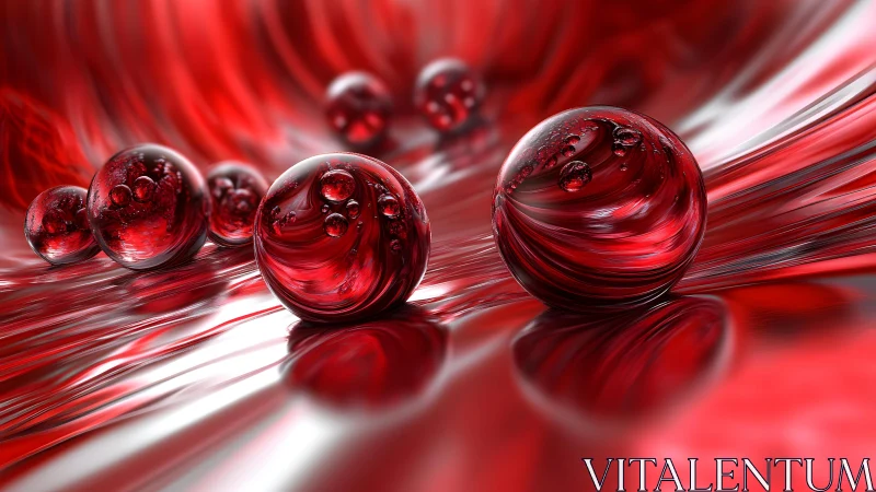 Shiny Red Glass Spheres on Abstract Metallic Red Surface, Digital Art.