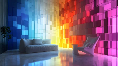 Modern living room with vibrant geometric wall art and soft furniture.