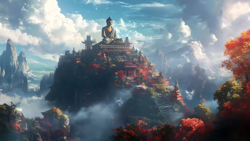 Mountain temple complex is depicted beneath dynamic clouds