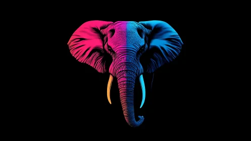 Neon elephant portrait glows in split magenta cyan light.
