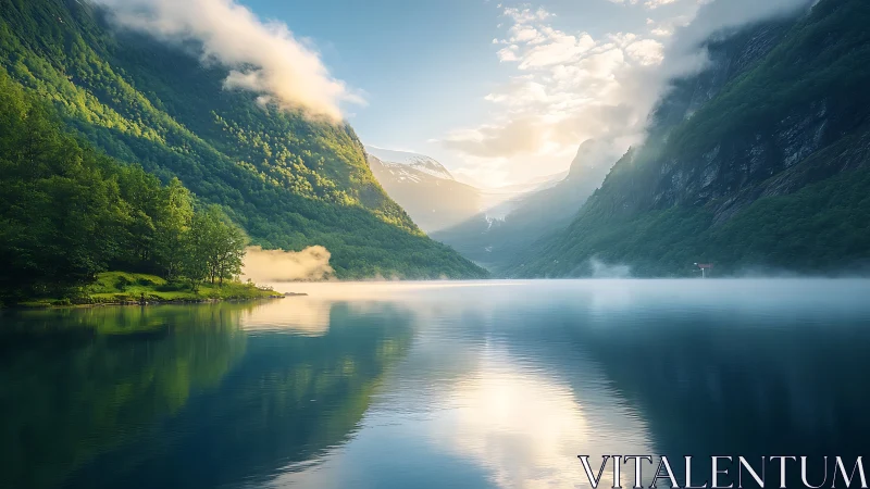 Sunlit mountain fjord with mist over calm reflective lake.