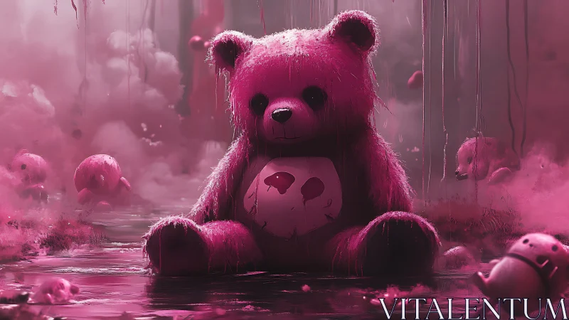 Large pink teddy bear in foggy flooded environment.