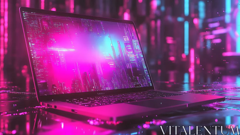 Laptop in neon magenta cyber setting with digital cityscape.