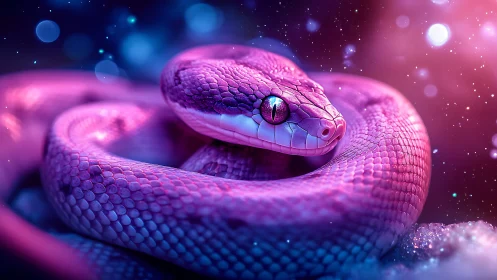 Coiled purple snake rendered under neon bokeh lighting