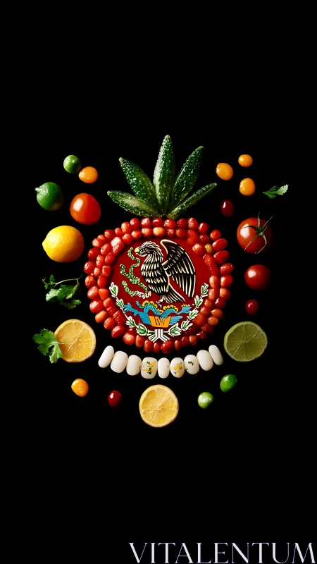 Mexican emblem rendered in high-contrast culinary still life
