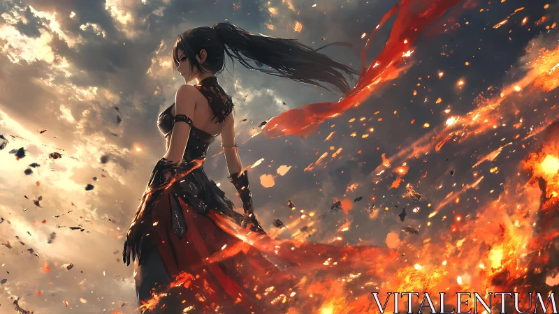 Female warrior in black and red amid drifting fire embers.