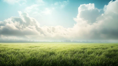 Morning clouds drift slowly above a glowing green meadow