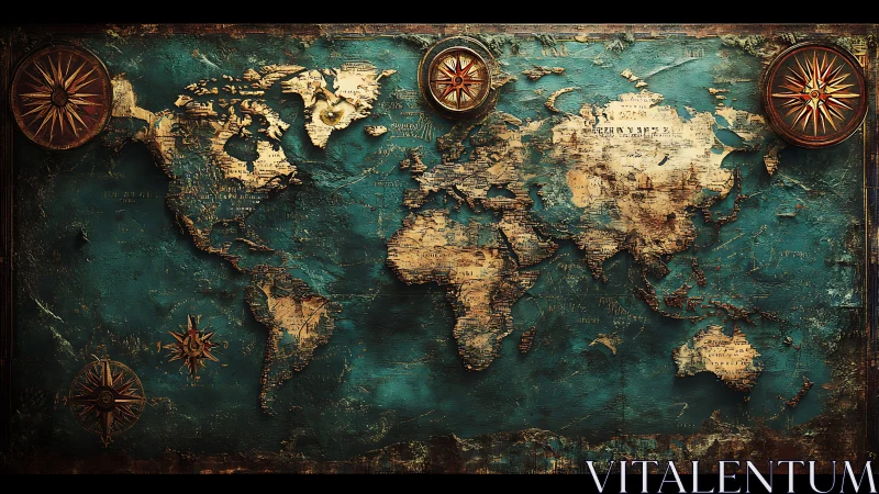 Vintage world map glows with teal seas and aged parchment lands