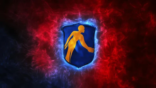Glowing blue sports emblem ignites against red energy backdrop