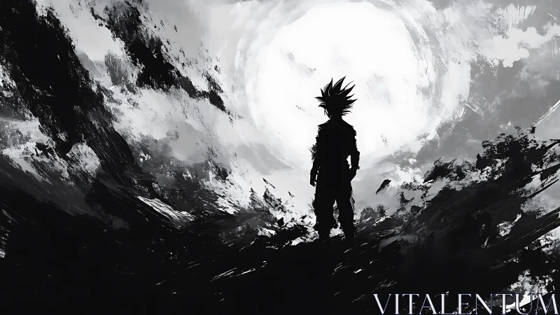 Lone anime warrior confronts a blinding celestial storm