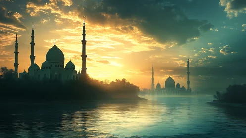 Golden sunrise bathes riverside mosque silhouettes in mist