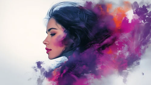 Soft profile of a woman dissolving into vivid clouds of color