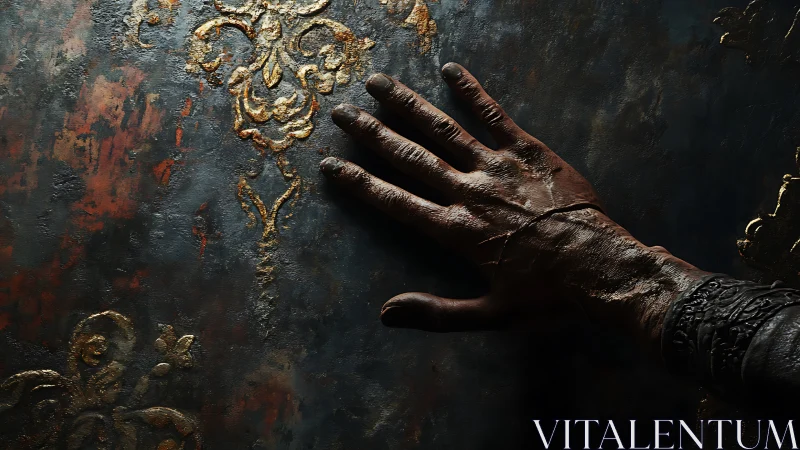 Weathered hand tracing gilded secrets on dark patinaed wall.