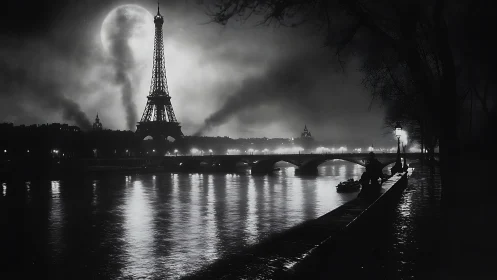 Moody Paris riverfront glows softly beneath a haunting moon