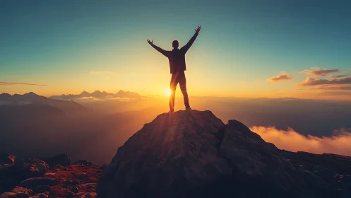 Silhouetted figure on rocky summit at vivid sunset horizon.