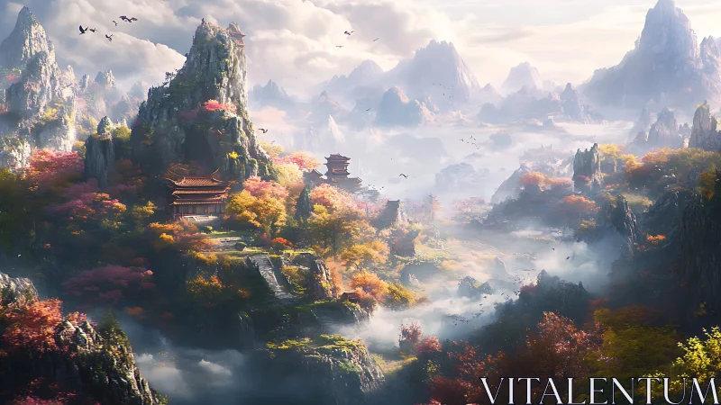Mist-kissed mountain temples rest among glowing autumn forests