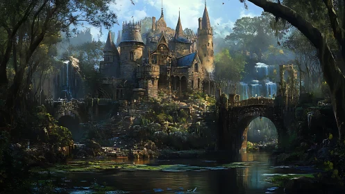 Hydrologically veiled forest citadel with Gothic turrets and bridge.