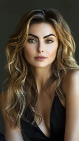 Portrait shows woman with wavy hair in soft studio light