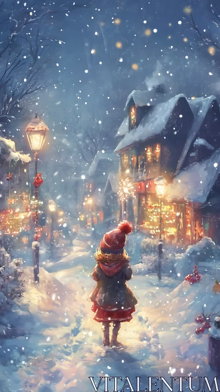 Snowy village street glows softly as a child wanders in wonder