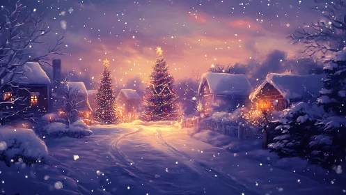 Snow-covered village street glows with illuminated Christmas trees