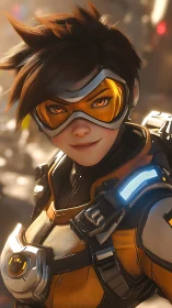 Time-sprinting heroine grins through amber combat visor glow.