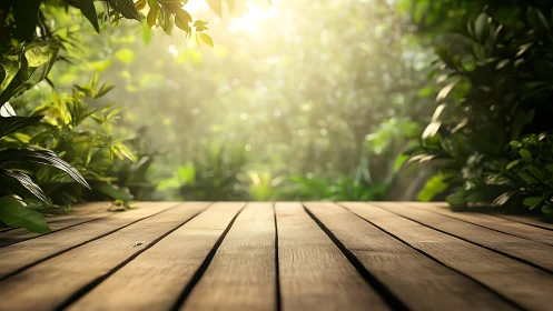 Wooden deck overlooking lush garden sanctuary with golden sunlight.