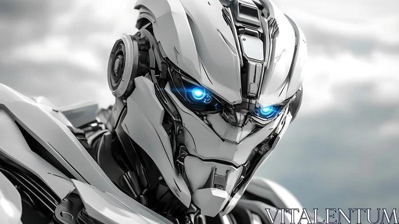 Gleaming silver robot gazes ahead with calm blue focus
