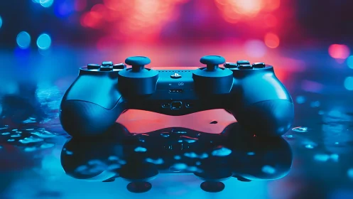 Game controller rests on wet reflective surface with neon bokeh