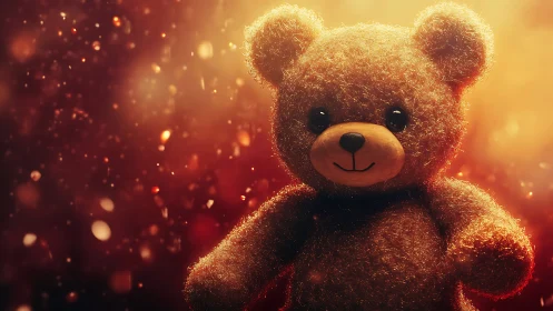 Photoreal teddy bear portrait in warm cinematic backlight.