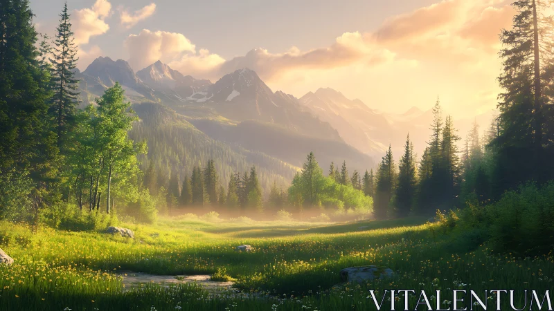 Sunlit alpine valley with misty pines and distant peaks.