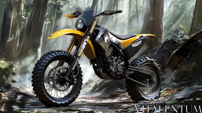 Yellow off-road dirt bike parked in dense forest trail.
