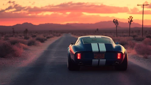 Sports coupe on desert highway at sunset under clouds.