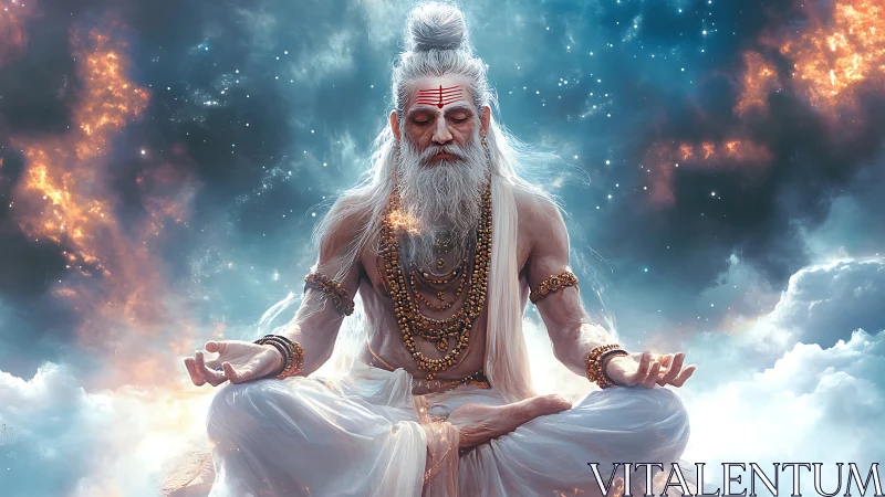 Celestial sage in meditation amid cosmic storm of light.