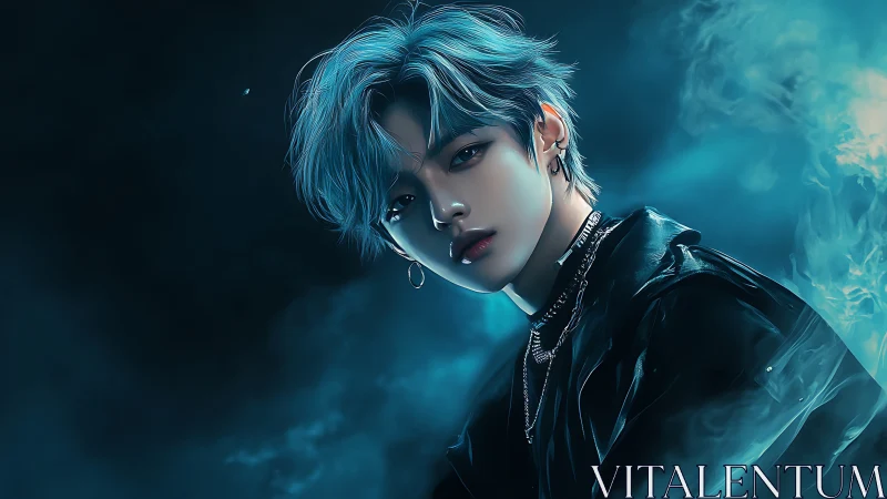 Blue haired youth in moody teal lighting portrait.