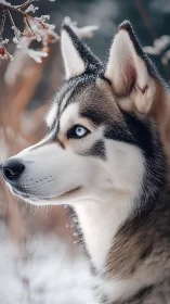 Side profile shows blue-eyed husky in snowy outdoor setting
